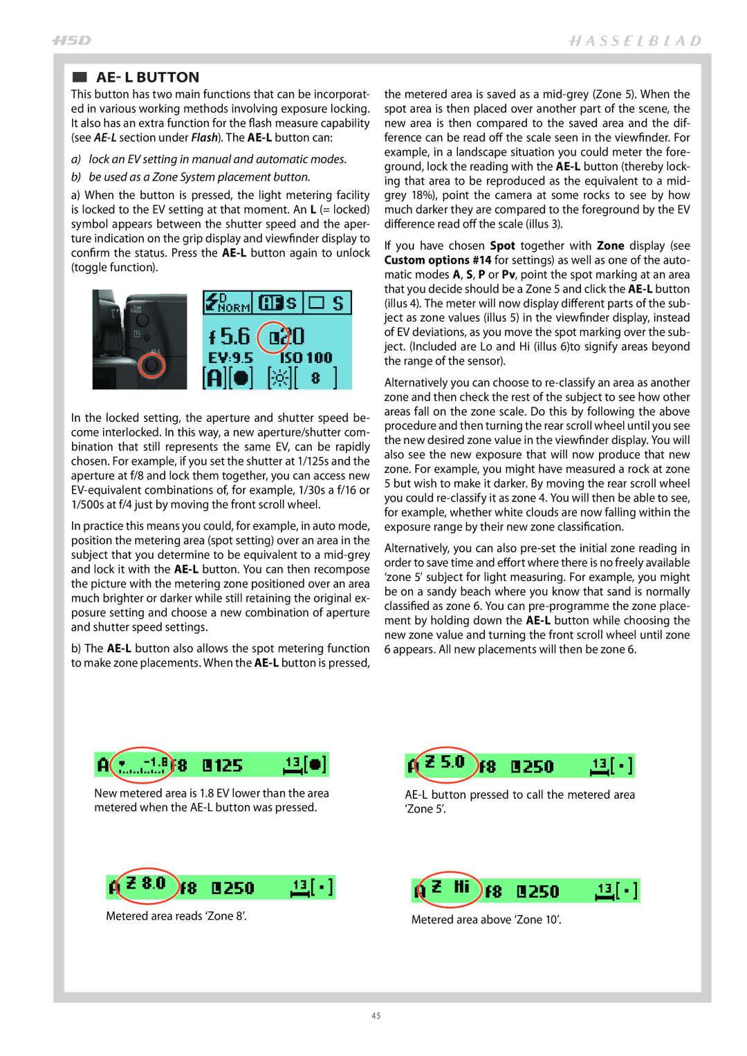 Hasselblad H4D200MS user manual  AE- L Button, Metered area reads ‘Zone 8’ 